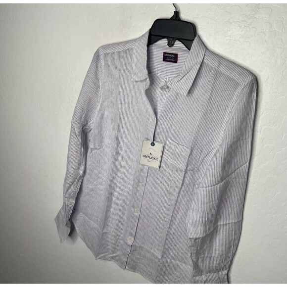 Untuckit Top Women 6 White Blue Stripe Angelen Linen Blend Button Down Shirt NWT - Picture 2 of 7